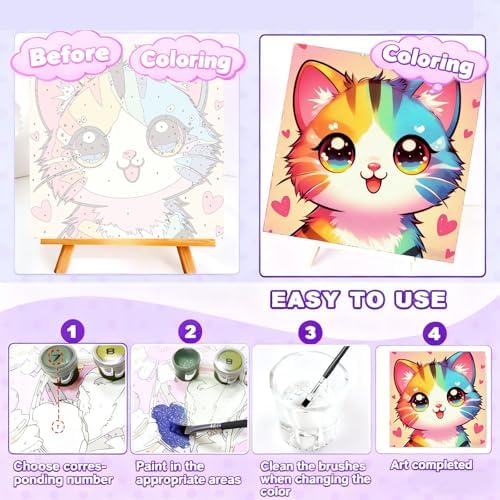 Gemozaic Cat Paint by Numbers Kit for Kids with Frame and Easel, 8 x 8 in