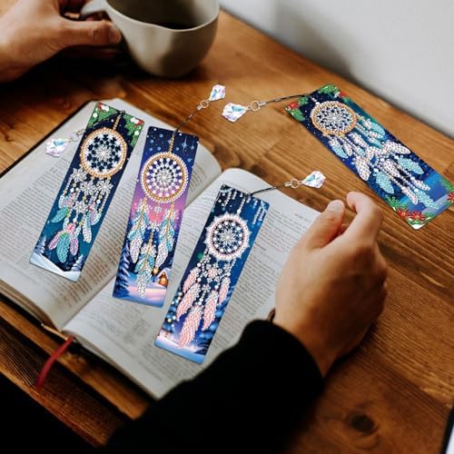 4 Pieces 5D Diamond Painting Bookmarks for Adults, Dreamcatcher Rhinestone Bookmarks with Tassels, DIY Handmade Diamond Art Bookmark Craft Kit, Unique Book Marks Set for Book Lovers