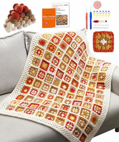 Kitcroet Granny Square Crochet Kit for Beginners, Complete Crochet Blanket Kit with 20 Skeins Yarn, Step-by-Step Video & Written Instructions, 34" x 45" Retro Blanket Starter Kit, Warm Retro Brown