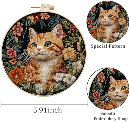 LB Orange Cat Embroidery Kit for Beginners Adults, 3 Sets Hand Embroidery Starter Kit with Floral Pattern and Instructions Stamped Cross Stitch Kits Include Embroidery Hoop Needles Threads Scissors