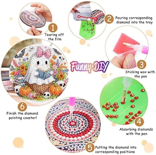 8 Pack Diamond Art Coasters,Halloween Ghost Diamond Painting Coasters Kits