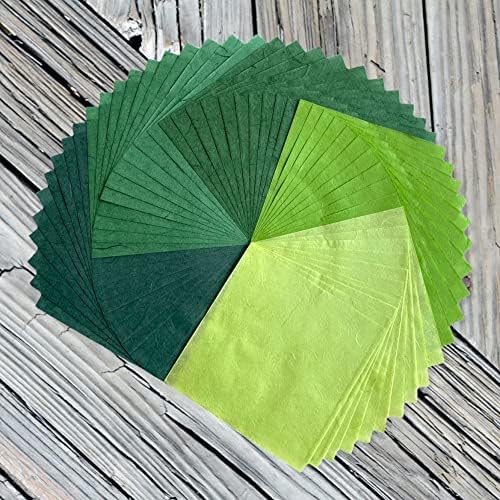 Natural Fiber Mulberry Paper Sheets 6 x 6 Inches, 50 PCS Handmade Craft Paper for Origami, Scrapbooking, Card Making, DIY Decoration, Mixed Media Art (Green Tone, 6x6 Inch)