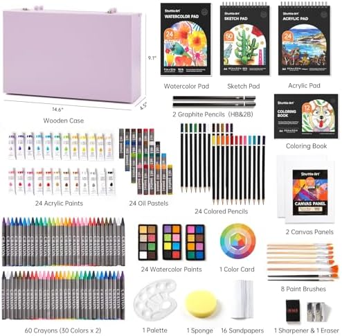Shuttle Art Deluxe Gift Art Kit, 202-Piece Wooden Art Supplies Set with 4 Drawing Pads, Canvases, Coloring Sheets, Acrylic Paint, Crayons, Oil Pastels, Colored Pencils for Kids