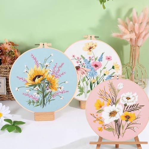 Ohcol 3 Sets Embroidery Kit,Cross Stitch Kits Needlepoint Kits for Adults Beginner,Needle Point Kits with Washable Pre-Printed Floral Pattern,Hoops,Women DIY Hand Crafts