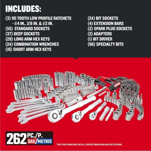 Craftsman 262-Piece Mechanic Tool Set with 3-Drawer VERSASTACK Box, SAE and Metric Socket Set, Car and Motorcycle Tool Kit with Combination Wrenches and Spark Plug Sockets, 90-Tooth (CMMT45309)