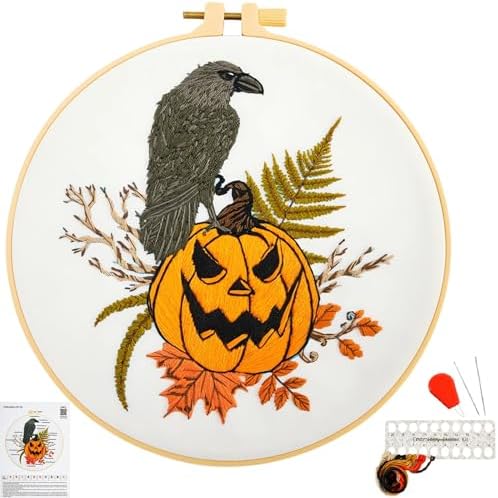 Crafmanoe Halloween Embroidery Starter Kits for Beginners Adults, Fall Pumpkin Stamped Cross Stitch Kits for Beginners Adults, Crow Gothic Embroidery Needlepoint Kits, Hoops, Fabric and Video Tutorial