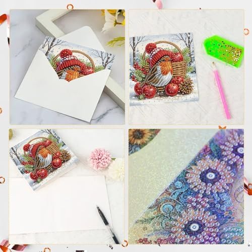 6Pcs Christmas Greeting Card DIY Diamond Art Painting Greeting Cards Blessing Folding Card Kit with White Envelopes Diamond Arts Crafts for Birthday Festival Gift-Bird02