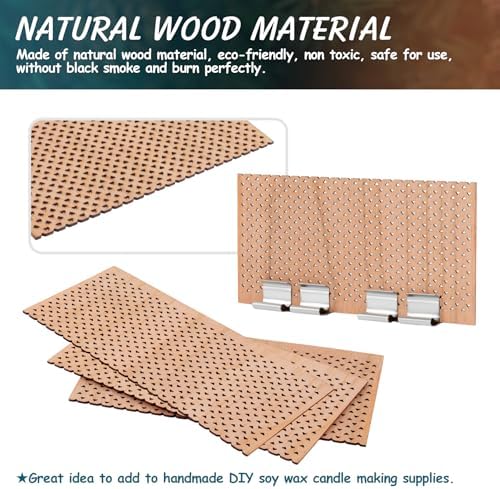 4 Set Large Wood Candle Wick Grid Design Large Wooden Wick 3.9x2.0inch / 100x50mm (Width*Height), Natural Crackling Wood Wick Core with Iron Stands for Soy Candle Making Candles Supplies