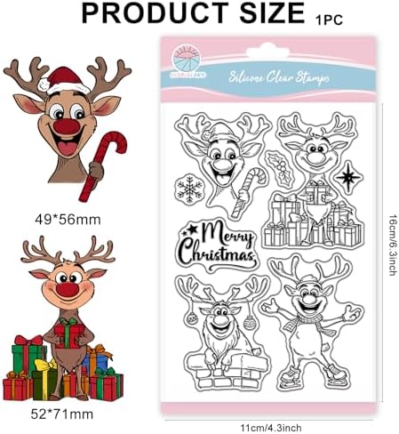 GLOBLELAND Christmas Cartoon Reindeer Clear Stamps for Card Making Funny Reindeer Silicone Clear Stamps Merry Christmas Transparent Stamp Seal for DIY Scrapbooking