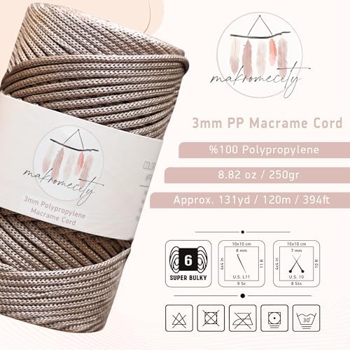 Makromecity, Premium Polyester Macrame Cord 3mm x 131 Yards (394 feet) 3mm Polypropylene Mink Macrame Cord Crochet Macrame Bag Cord Crafts for Wall Hangings, Bags, Underplate, Rug