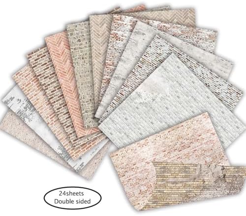 24 Sheets Retro Double Sided Scrapbook Paper, 6x6 Inch Brick Wall Textured Patterned Decorative Materials for Origami Cardstock Collage Junk Journal DIY Craft Wrapping Folded Photo Album