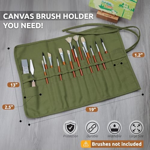 DUGATO 30-Slot Roll-Up Canvas Brush Holder with Lay-Flat Design, Army Green