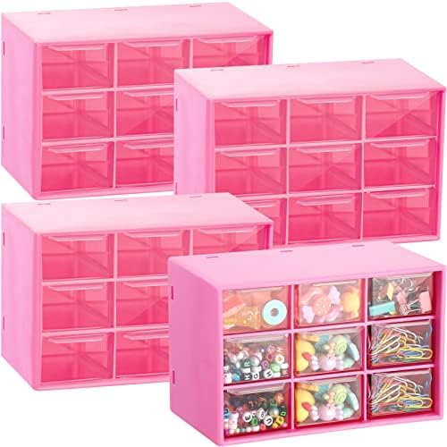 Marsui 4 Pack Desktop Storage Organizer with 9 Drawers Craft Organizer with Mini Drawers Plastic Organizers and Storage Containers for Craft Art Jewelry Cosmetics Sewing Supplies Accessory(Rose Pink)