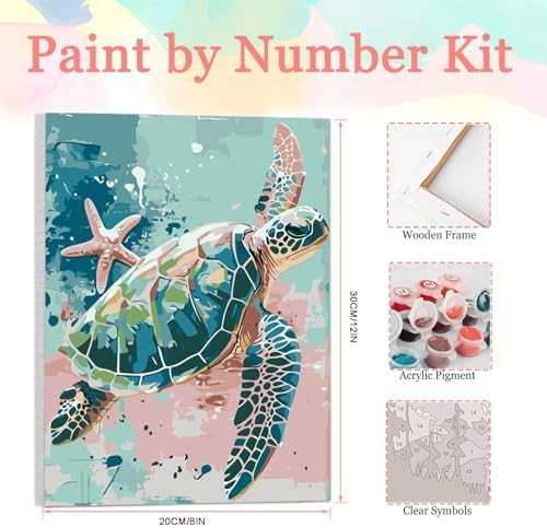 Auremi Turtle Paint by Number Kits with Framed, DIY Animals Paint by Number Canvas for Adults, Easy Acrylic in Canvas with Brushes for Decor 20x30cm