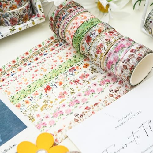 18 Rolls Seasons Flowers Washi Tape Set Floral Arts Adhesive Tapes Blooming Garden Decorative Masking Tape Sets for Craft, Kids, Scrapbook, DIY, Gift Wrapping (Spring)