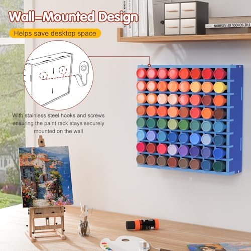 Krafetto 64-Grid Paint Organizer for 2 Oz Bottles, Wall Mount, Blue