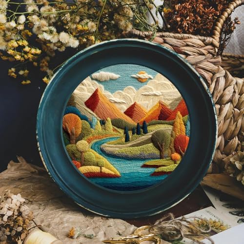 FONNUY Embroidery Kit for Beginners, Brightly Colored Landscape Lake Pre-Stamped Pattern Kits for Adults with Hoop, Easy to Follow Color Thread Needlework, 8'' Hoop (Blue)