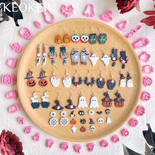 Keoker Halloween Polymer Clay Cutters, Polymer Clay Cutters Halloween, 30 Shapes Halloween Clay Cutters for Earrings, Pumpkin Clay Cutters for Polymer Clay Jewelry, Mini Clay Cutters