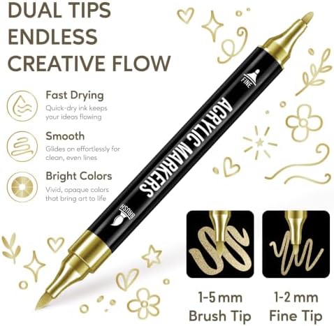 Pagather Gold Acrylic Paint Markers, 12 Dual Tip with Fine Tip and Brush Tip Pens for Fabric, Stone, Wood, Canvas, Ceramic, Metal, Glass, Rock Painting, DIY Crafts