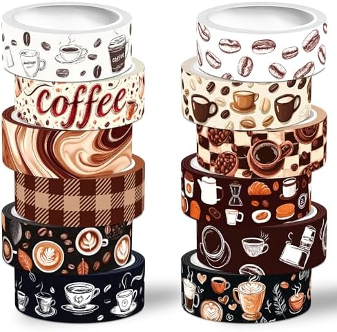12 Rolls Washi Tape Set, Coffee Themed Decorative Tape Vintage Watercolor Brown Cafe Caffeine Masking Tape for Journaling Supplies,Junk Journal, Scrapbooking,Planner,DIY Arts & Crafts Supplies