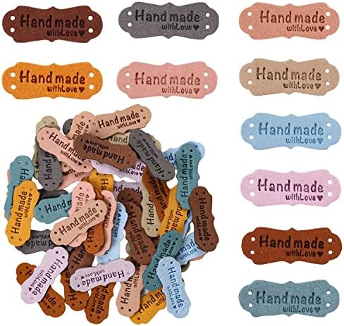 50pcs Colorful Embossed Leather Labels & Tags, Microfiber, 10 Colors, 15x42mm, Holes for Jeans, Bags, Shoes, Hat