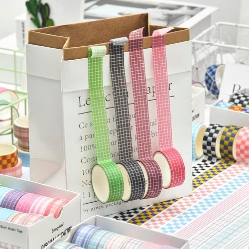 12 Rolls Grid Washi Tape Set Plaid Arts Adhesive Tapes Basic Patterns Decorative Masking Tape Sets for Craft, Kids, Scrapbook, DIY, Gift Wrapping (Style One)