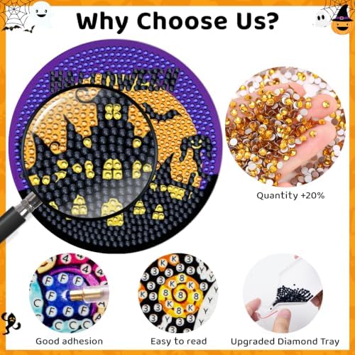 Halloween Diamond Art Coaster Kit with Holder, 8PCS Spooky Diamond Painting