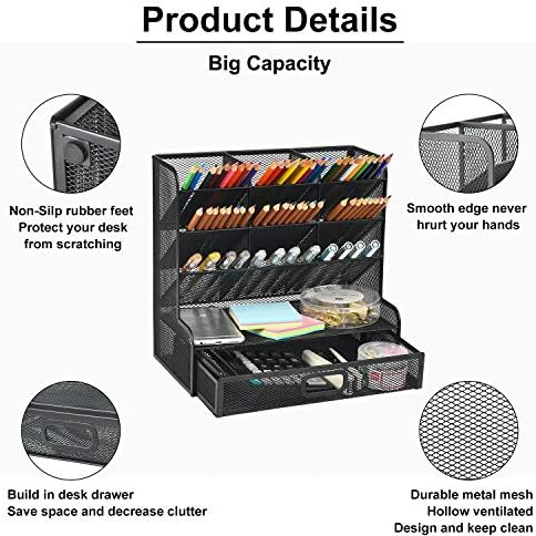 Marbrasse Mesh Pen Holder for Desk, Multi-Functional Pencil Organizer with Drawer, Desk Organizers and Accessories for Office Art Supplies (Large Black)