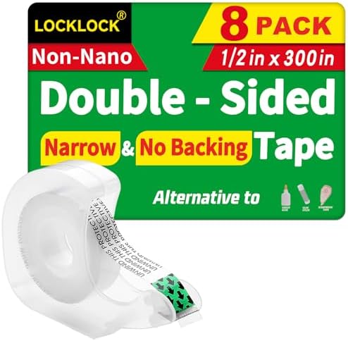 LOCKLOCK Double Sided Tape Light Duty, 8 Pack, 1/2 x 300 inches, Narrow Double Stick Tape for Crafts, Arts Projects, Gift Wrapping, Alternative to Scrapbook Tape, Office and School Supplies.