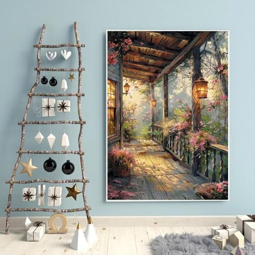 Square Diamond Painting Art Kits Square Drill Diamond Painting, Square Diamond Art, Garden Porch with Lights DIY Flower Gem Art Kits for Adults and Crafts for Gifts and Home Wall Decor Gifts 12x16 in