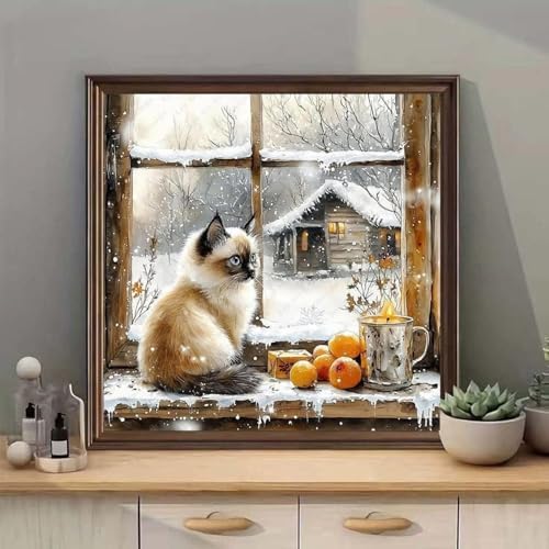 Christmas Diamond Art Kits for Adults, Winter Cat Diamond Painting Kits