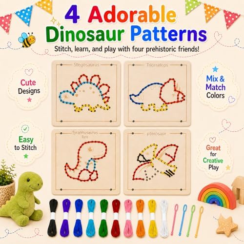 Montessori Wooden Lacing Dinosaur Toys for Toddlers and Kids Ages 2-4 5-7, Sewing Kit Fine Motor Skill Busy Board, Education Sensory Preschool Toy for 1 2 3 4 Year Olds, Birthday Gift for Boys Girls