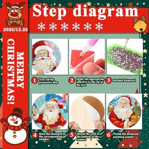 DOTSOPS 8 Pcs Diamond Art Coasters with Holder for Adults Beginners Diamond Craft for Christmas Birthday Gifts (Santa Claus)