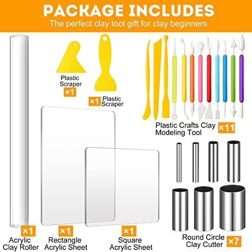 Honoson 23 Pcs Clay Sculpting Tools Set with Roller Cutters,Colorful | Acrylic Mat, Metal Round Cutters, Scraper Board, Ideal for Polymer Clay Crafts, Art Sculpting, Shaping and Modeling Projects