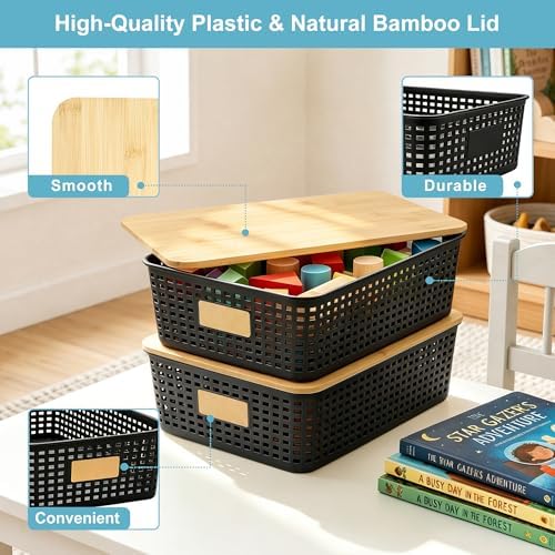 Bagnizer 4 Pack Plastic Storage Bins with Bamboo Lids, 6.2qt Stackable Storage Organizer Box with Lable for Pantry Shelves Drawers Desktop Office, 12"L x 8.3"W x 3.5"H, Black