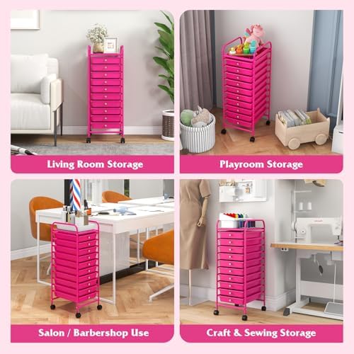 Storage Cart, Rolling Utility Cart with 10 Drawers, Portable Handles & Lockable Wheels, Mobile Paper Toys Storage Organizer Large Capacity for Home Office School Teacher (Hot Pink)