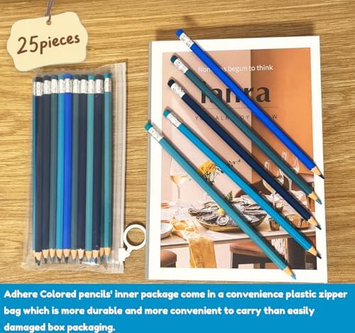 Adhere 25pcs Checking Pencils Erasable colored Pencils Pre-Sharpened #2 HB,for Checking Tests Grading,Map Coloring, editing Office Favors,including a Free sharpener. (Mixed Blue 5colors)
