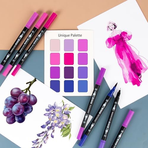 ZSCM QUALITY DECIDES THE FUTURE Purple Duo Tip Marker Pens, 12 Fine & Brush Tip Pen For Adult Coloring Books