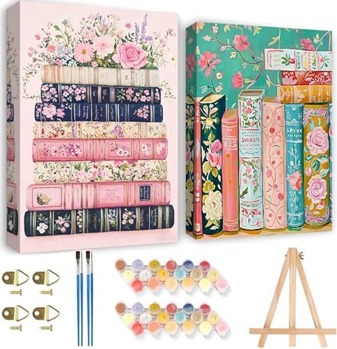 KYOQFVN 2 Pack Paint by Numbers for Adults with Framed Canvas - with Wooden Easel, Flowers Adult Paint by Number Kits on Canvas, DIY Acrylic Oil Painting by Numbers for Home Wall Decor 8X12 Inch