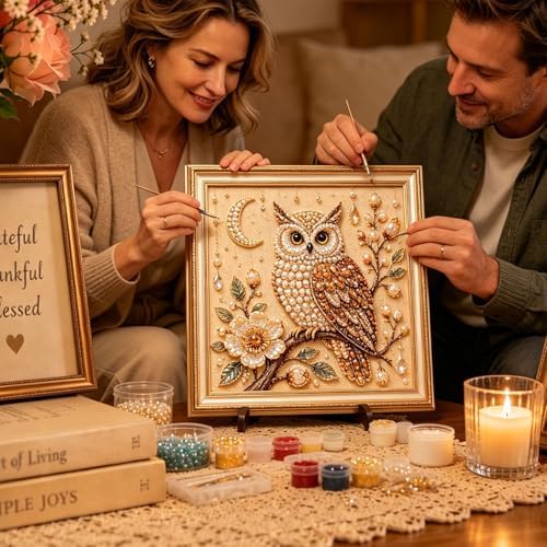 Pearl Art Kits for Adults Bird Flower DIY Beaded Embroidery Kits with Crystal Rhinestones Pearl Painting Craft Kit with Pre-Printed Canvas Handmade Home Wall Decor Gift (Owl)