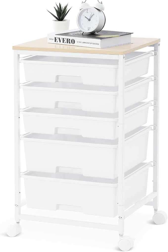 SYKIARIOL Rolling Cart with Drawers, 5 Drawers Utility Cart, Bright White | 5-Tiers Storage Cart with Drawers with Wooden Top for Craft Organizers and Storage,Home Office,Classroom,Dorm