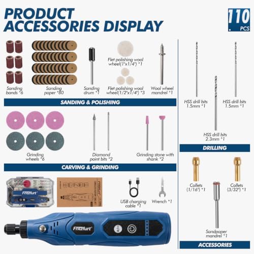 Mini Cordless Rotary Tool 5 Speed and USB Charging Rotary Tool Kit with 110 Accessories, Multi-Purpose 3.7V Power Rotary Tool for Engraving Sanding, Polishing, Drilling, Etching, DIY Crafts