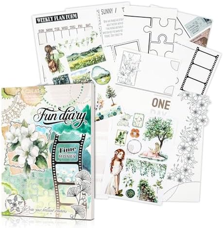 Dizdkizd Creative Art Journal Notebook with 28 Interesting Concept Templates Pages and 8 Die-Cut Stickers for Junk Journal, Scrapbook, Mixed Media, 8.3in × 5.8in, Green