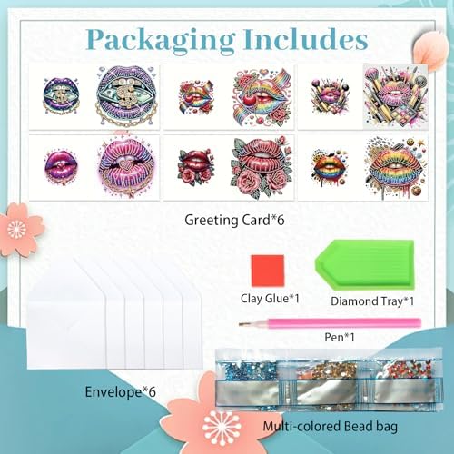 antor 6 Pack 5D Diamond Painting Greeting Cards, Fashionable Lip Design