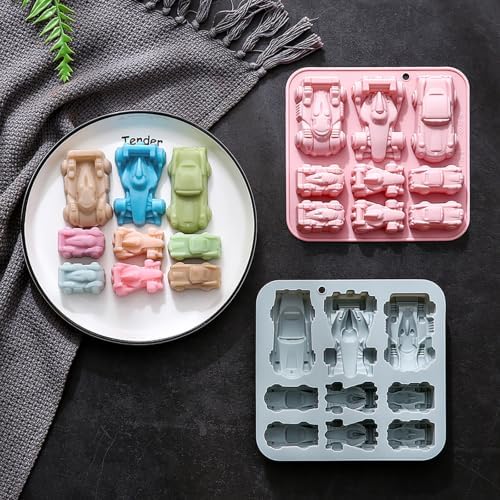 2 Pack Racing Car Chocolate Silicone Molds, 9-Cavity 3 Styles Racing Car Shape Tray for Cake, Pudding, Gummy, Jello, Resin, Ice Cube, Biscuits and Cake Decorating, DIY Crafts