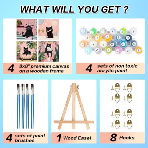 4 Pack Framed Black Cat Paint by Numbers Kits for Adults with Easel (8x8in)