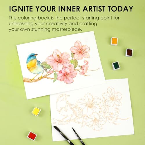 Grabie Watercolor Coloring Book, 15 A5 Cotton Sheets, Flower Themed