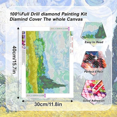 VeGuude Diamond Painting Kits for Adults, Van Gogh Wheat Field with Cypress Diamond Art for Beginner DIY Round 5D Paint with Diamonds Gem Full Drill Diamond Dots for Home Wall Decor Gifts 16x12inch