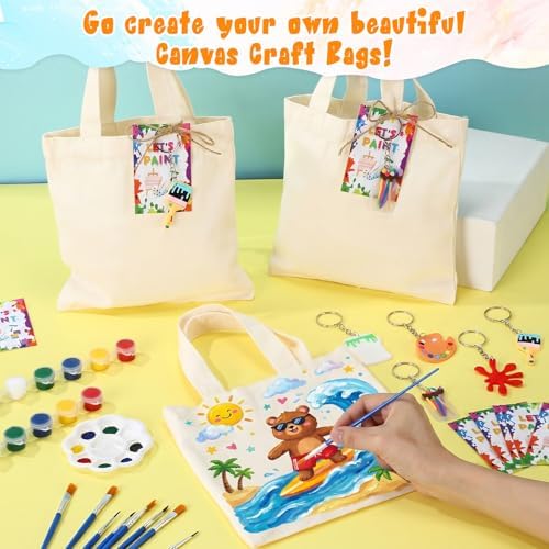Blueweenly 24 Sets Paint Party Favors Mini Canvas Tote Bags Painting Kit 8" x 8" Color Your Own Canvas Tote Bag Decorating Kit with Paints Palette Brush Keychains for Kids DIY Art Party Classroom
