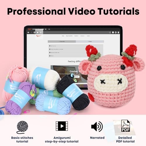 Crochet Kit for Beginners Adults - Cow Starters Crocheting Animal Kits for Teen, DIY Craft Birthday Gift with Crochet Yarns, Hook, Step-by-Step Video, Instruction and Crochet Accessories
